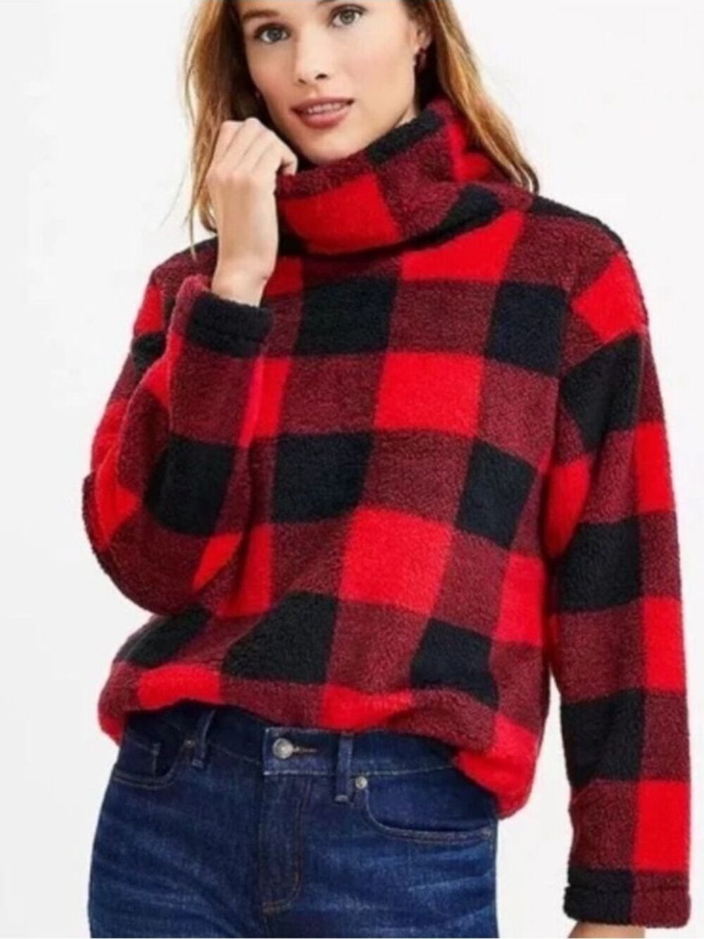 Loft Plush Fleece Buffalo Check Red and Black Plaid Funnel Neck Pullover XL